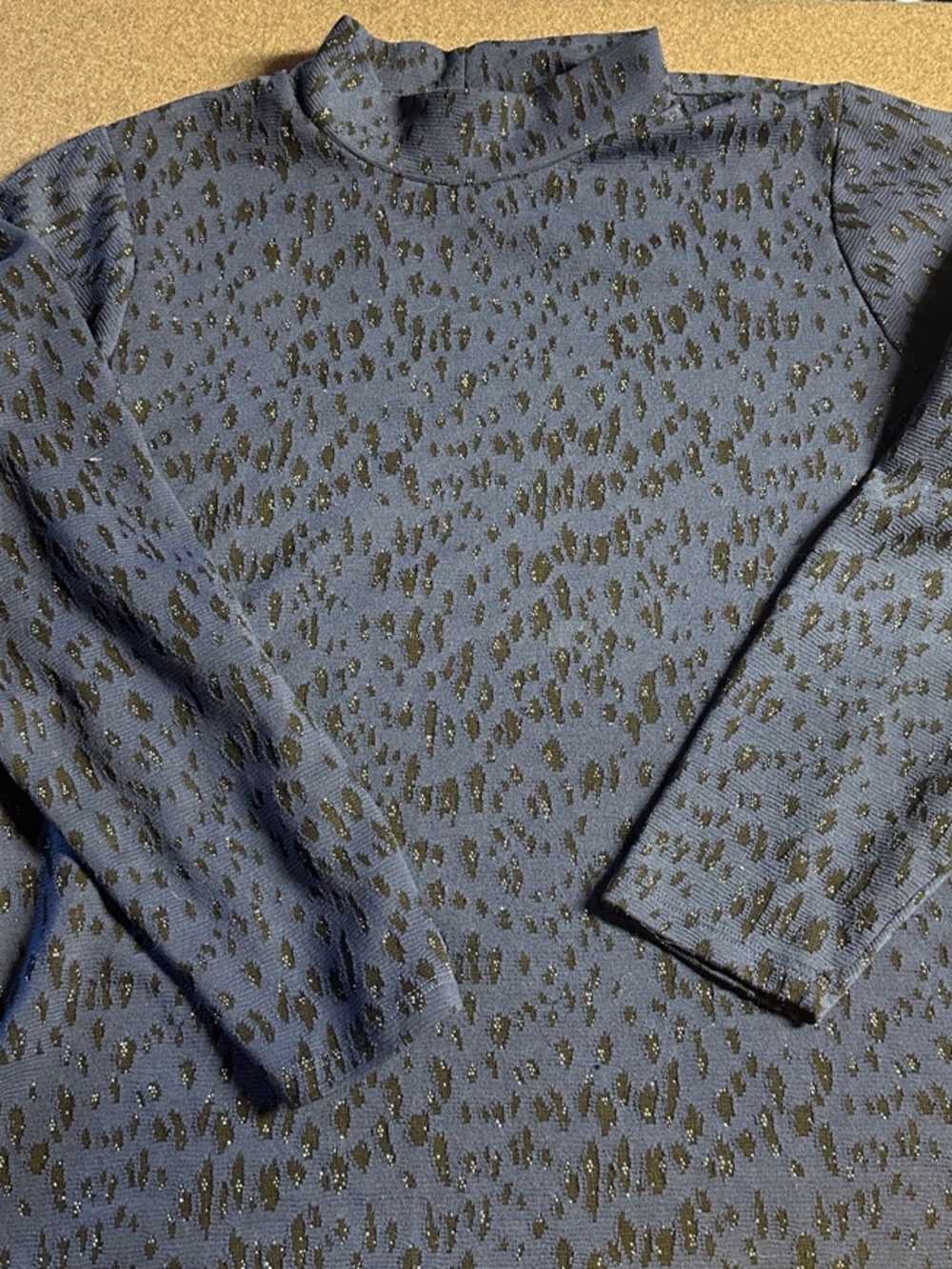 Women's Navy Long-Sleeve Mock Neck Top with Subtle Black Spot Pattern